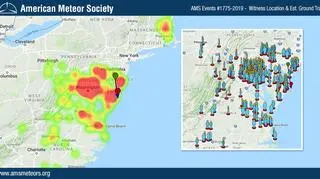 Lokalizacja zgłoszeń dotyczących meteoru (American Meteor Society)