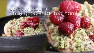 Łosoś w panierce z miętą, polentą i malinami