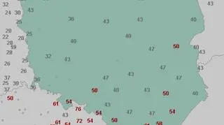 Maksymalne porywy wiatru w niedzielę o godzinie 14 (wetteronline.de)