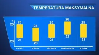Maksymalne temperatury dobowe prognozowane na długi weekend i początek przyszłego tygodnia