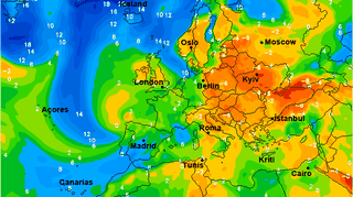Mapa Europy z zaznaczonym indeksem niestabilności w troposferze (wetteronline)