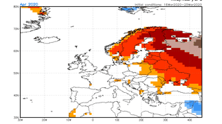 Mapa kwiecień 2020 NOAA/CFS - prognozowane odchylenie temperatury średniej miesięcznej od normy w kwietniu 2020