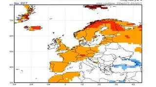 Mapa – odchylenie temperatury średniej miesięcznej listopada 2017 od normy  - miesiąc na sporym obszarze powyżej normy 