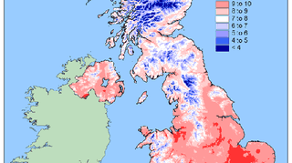 Mapa średnich dobowych temperatur w Wielkiej Brytanii w marcu 2012 roku - Met Office