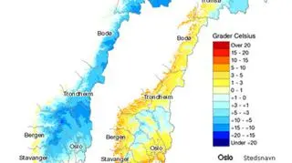 Mapa średnich temperatur dla Norwegii w listopadzie 2011/Senorge