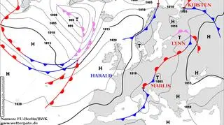 Mapa synoptyczna z układami barycznymi w Europie (DWD)