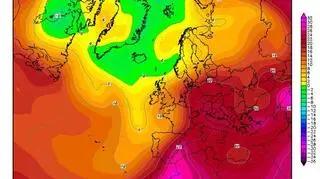 Mapa - temperatura na wysokości 1,5 km w dniu 29 lipca 1921 roku według reanalizy NOAA, archiwum niemieckiej wetterzentrale