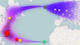 Mapa trasy i przemian Irene/TVN Meteo//Zielony - 15 sierpnia, powstaje tropikalna depresja; żółty - Irene staje się sztormem tropikalnym (20 sierpnia i 28 sierpnia); czerwony - 21 sierpnia Irene staje się huraganem i uderza na USA; szary - po 31 sierpnia niż Irene zmierza ku Europie