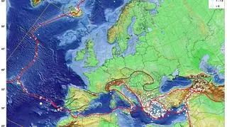 Mapa trzęsień ziemi o sile wyższej niż 6 st. w skali Richtera w Europie (Deutsches Geoforschungszentrum)