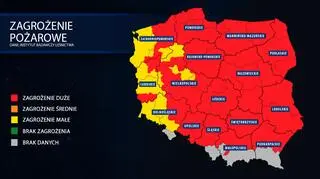 Mapa zagrożenia pożarowego z 3 kwietnia z godziny 13 (tvnmeteo.pl za IBL)