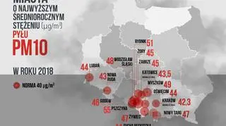 Miasta o najwyższym średniorocznym stężeniu pyłu PM10 w roku 2018 (Polski Alarm Smogowy)