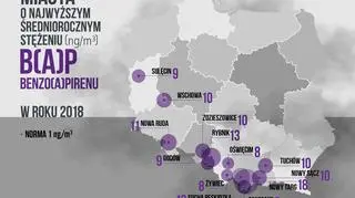 Miasta o najwyższym stężeniu benzo(a)pirenu w 2018 roku (Polski Alarm Smogowy)
