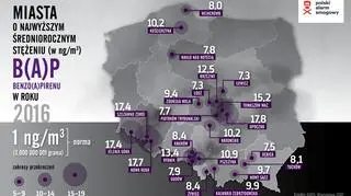 Miasta o najwyższym stężeniu średniorocznym BAP (norma – 1 ng/m3) (Polski Alarm Smogowy)
