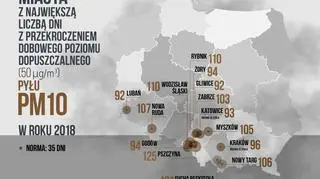 Miasta z największą liczbą dni z przekroczeniem dobowego poziomu dopuszczalnego pyłu PM10 (Polski Alarm Smogowy)