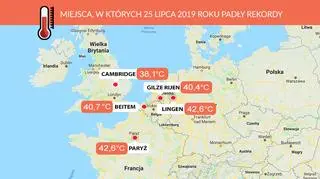 Miejsca, gdzie w czwartek 25 lipca padły rekordy temperatury (tvnmeteo.pl/Google Maps)