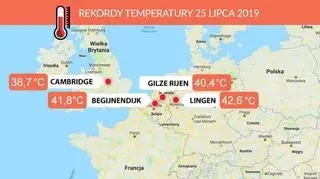 Miejsca, gdzie w czwartek 25 lipca padły rekordy temperatury (tvnmeteo.pl/Google Maps)