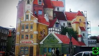 Mural "Opowieść Śródecka z trębaczem na dachu i kotem w tle" w Poznaniu (autor: Kontakt 24/ROBERT DOLICHER)