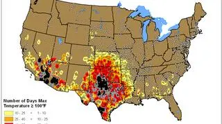 Na czarno zaznaczono miejsca o średniej temp. powyżej 21 st. C/NOAA