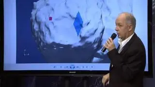 Na czerwono zaznaczono punkt, w którym Philae wylądował. Na niebiesko obszar, na którym się znajduje