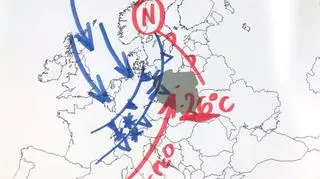 Na mapie zaznaczono fronty ciepłego i chłodnego powietrza