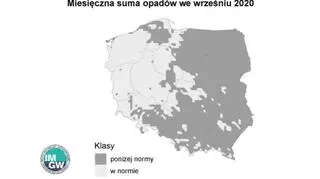 Najbardziej prawdopodobna klasa sumy opadów we wrześniu 2020 roku według modelu IMGW-Bayes (IMGW-PIB)