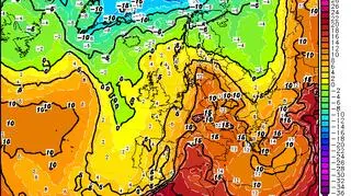 Napływ gorąca znad Afryki widoczny w prognozach temperatury na wysokości 1,5 km (GFS/wetter3.de)