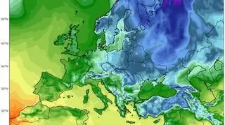 Napływ mroźnych mas powietrza na początku marca, temperatura przy powierzchni ziemi, dobrze widoczny jęzor chłodu sięgający wybrzeży Morza Czarnego (model GFS/University of Maine)