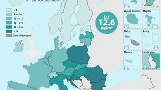 Narażenie na zanieczyszczenie powietrza przez cząstki stałe mniejsze niż 2,5 µg/m3 na obszarach miejskich w 2019 (mikrogramy na metr sześcienny - µg/m3) (Eurostat)