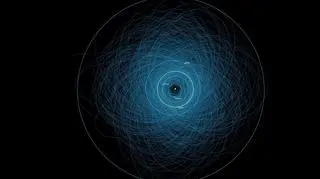 Niebieskie linie to orbity potencjalnie groźnych asteroid