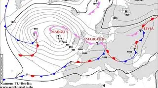 Niemiecka mapa synoptyczna na godz.12 czasu uniwersalnego w czwartek 16 października pokazuje zasięg wpływ niżu „Margit”