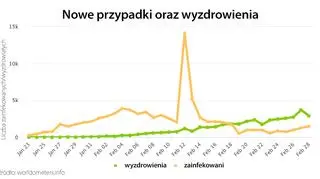 Nowe przypadki oraz wyzdrowienia (tvnmeteo.pl za worldometers.info)