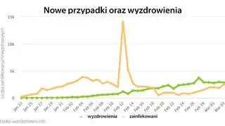 Nowe przypadki oraz wyzdrowienia (tvnmeteo.pl za worldometers.info)