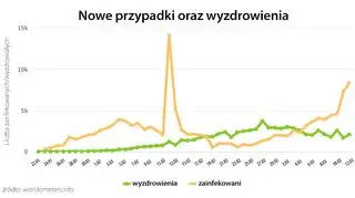 Nowe przypadki oraz wyzdrowienia (tvnmeteo.pl za worldometers.info)