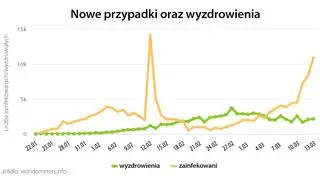 Nowe przypadki oraz wyzdrowienia (tvnmeteo.pl za worldometers.info)