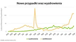 Nowe przypadki oraz wyzdrowienia (tvnmeteo.pl za worldometers.info)