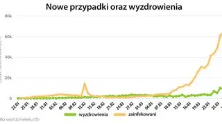 Nowe przypadki oraz wyzdrowienia (tvnmeteo.pl za worldometers.info)