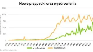 Nowe przypadki oraz wyzdrowienia (tvnmeteo.pl za worldometers.info)
