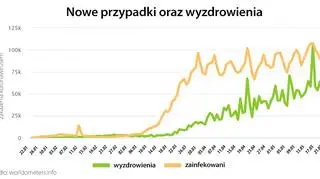 Nowe przypadki oraz wyzdrowienia (tvnmeteo.pl za worldometers.info)