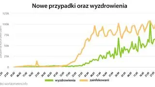 Nowe przypadki oraz wyzdrowienia (tvnmeteo.pl za worldometers.info)