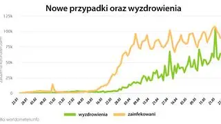 Nowe przypadki oraz wyzdrowienia (tvnmeteo.pl za worldometers.info)