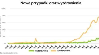 Nowe przypadki oraz wyzdrowienia (worldometers.info)