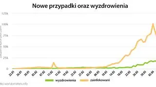 Nowe przypadki oraz wyzdrowienia (worldometers.info)