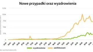 Nowe przypadki oraz wyzdrowienia (worldometers