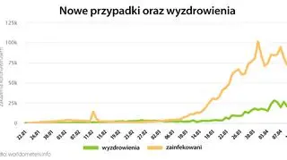 Nowe przypadki oraz wyzdrowienia (worldometers