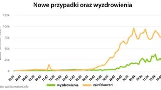Nowe przypadki oraz wyzdrowienia (worldometers