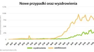 Nowe przypadki oraz wyzdrowienia (worldometers