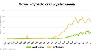 Nowe przypadki oraz wyzdrowienia (worldometers