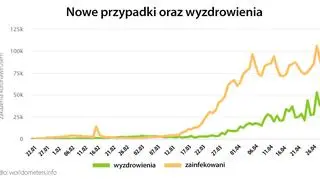 Nowe przypadki oraz wyzdrowienia (worldometers