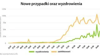Nowe przypadki oraz wyzdrowienia (worldometers