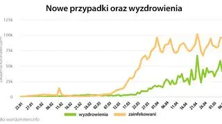 Nowe przypadki oraz wyzdrowienia (worldometers.info)